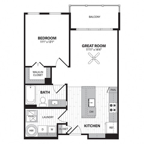 Floor plan for 1 bed, 1 bath, 743 sqft