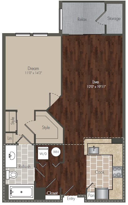 Floor plan for 1 bed, 1 bath, 763 sqft