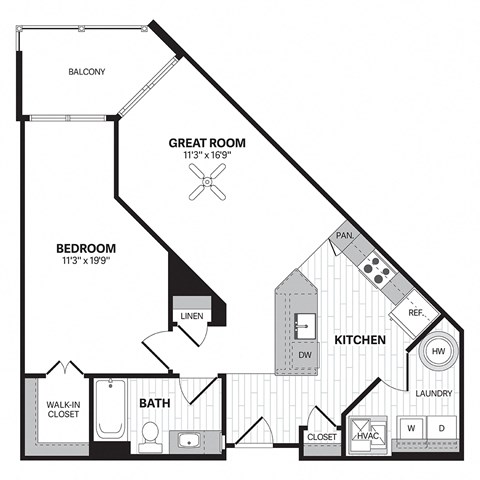Floor plan for 1 bed, 1 bath, 775 sqft