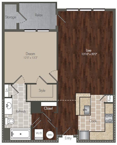 Floor plan for 1 bed, 1 bath, 822 sqft