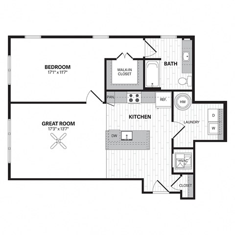 Floor plan for 1 bed, 1 bath, 952 sqft