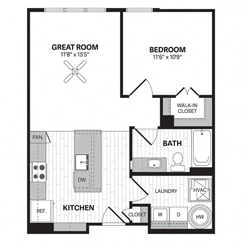 Floor plan for 1 bed, 1 bath, 1057 sqft