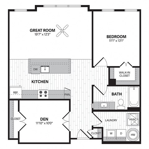 Floor plan for 1 bed, 1 bath, 982 sqft