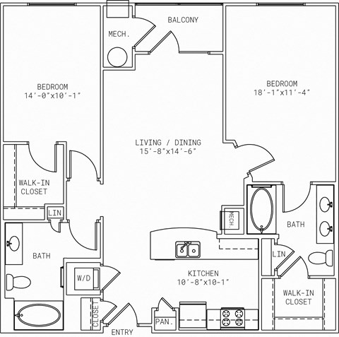 Floor plan for 2 beds, 2 baths, 1022 sqft