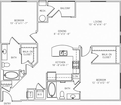 Floor plan for 2 beds, 2 baths, 1112 sqft