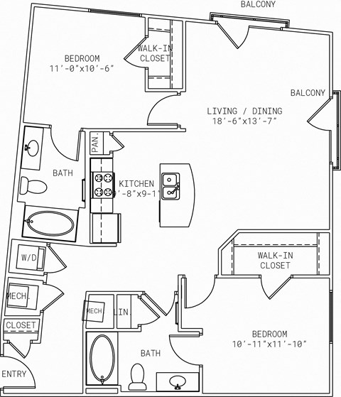 Floor plan for 2 beds, 2 baths, 1083 sqft