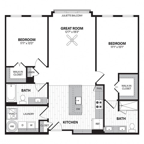 Floor plan for 2 beds, 2 baths, 1154 sqft