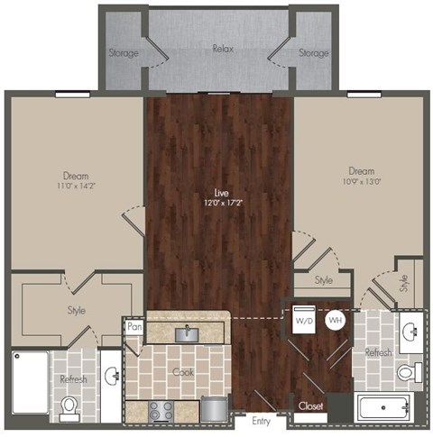 Floor plan for 2 beds, 2 baths, 947 sqft