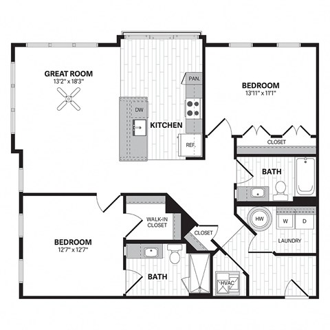 Floor plan for 2 beds, 2 baths, 1169 sqft