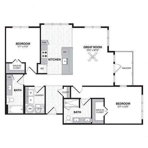 Floor plan for 2 beds, 2 baths, 1133 sqft