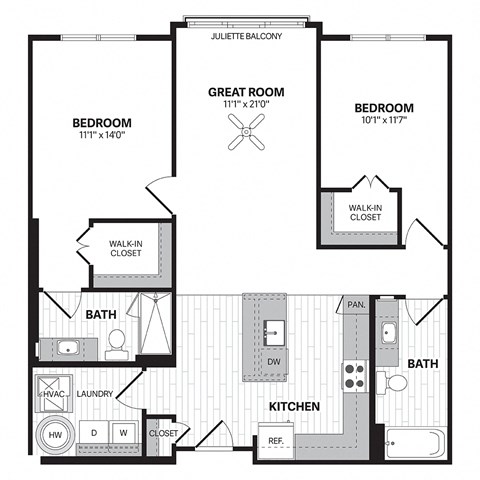Floor plan for 2 beds, 2 baths, 1105 sqft