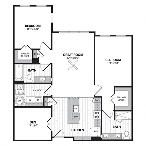 Floor plan for 2 beds, 2 baths, 1209 sqft