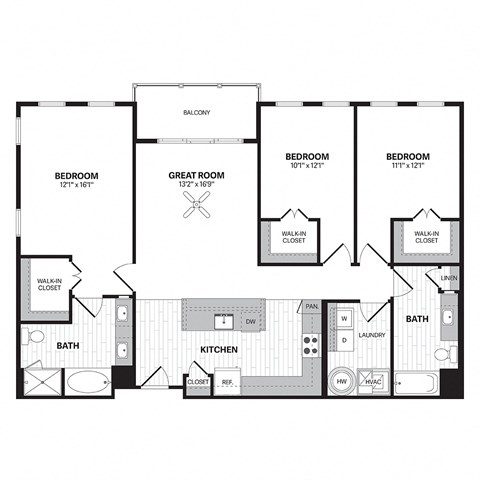 Floor plan for 3 beds, 2 baths, 1374 sqft