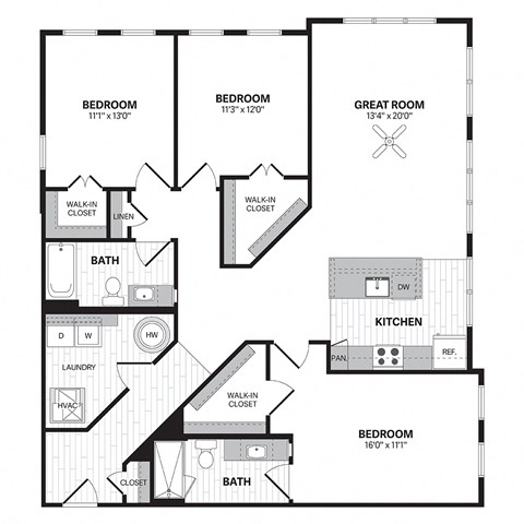Floor plan for 3 beds, 2 baths, 1482 sqft