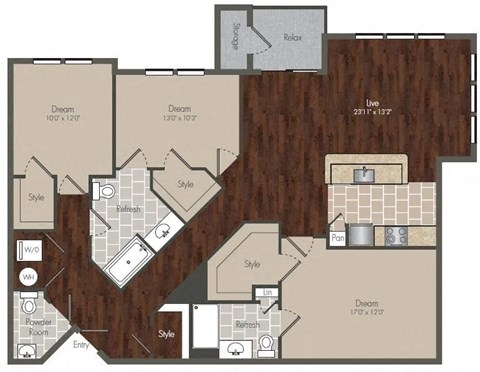 Floor plan for 3 beds, 2 baths, 1528 sqft