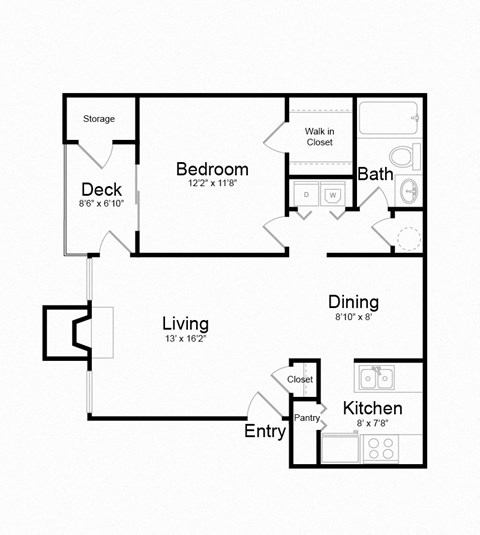 Floor plan for 1 bed, 1 bath, 832 sqft