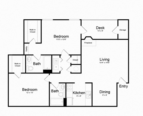 Floor plan for 2 beds, 2 baths, 1100 sqft