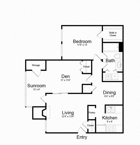 Floor plan for 2 beds, 1 bath, 933 sqft