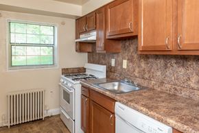 Hyattsville apartment for rent - a kitchen with a sink and stove and wooden cabinets at Hamilton Manor Apartments, Maryland