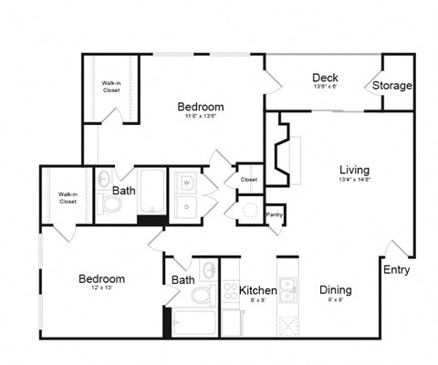 Floor plan for 2 beds, 2 baths, 1100 sqft