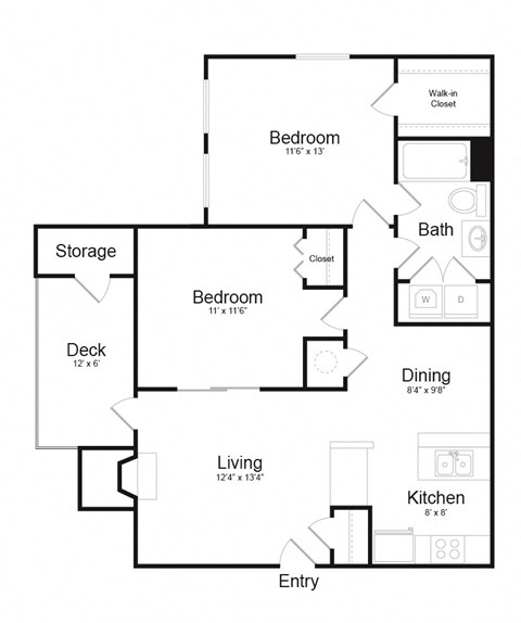 Floor plan for 2 beds, 1 bath, 1100 sqft