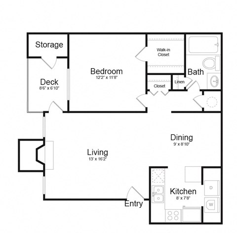 Floor plan for 1 bed, 1 bath, 823 sqft