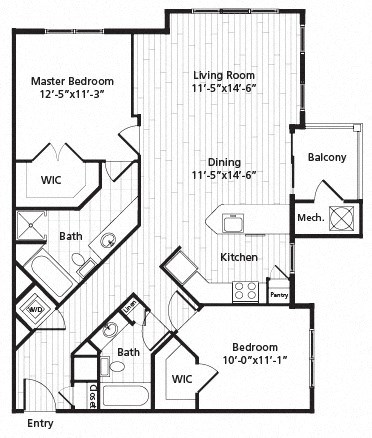 Floor plan for 2 beds, 2 baths, 1100 sqft