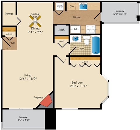 Floor plan for 1 bed, 1 bath, 792 sqft