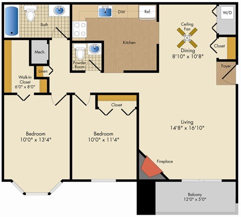 Floor plan for 2 beds, 1.5 baths, 1070 sqft