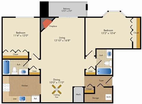 Floor plan for 2 beds, 2 baths, 1160 sqft