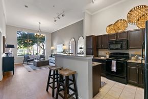 Farmers Branch apartment for rent - A kitchen with a bar area and a dining area at Prairie Crossing, Farmers Branch