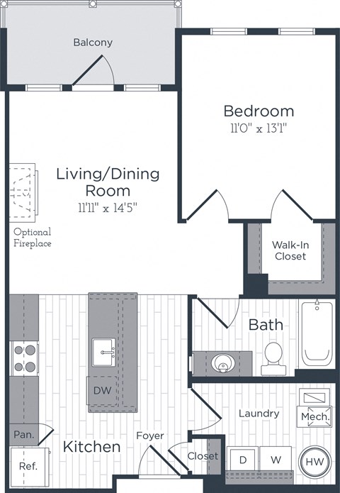 Floor plan for 1 bed, 1 bath, 691 sqft