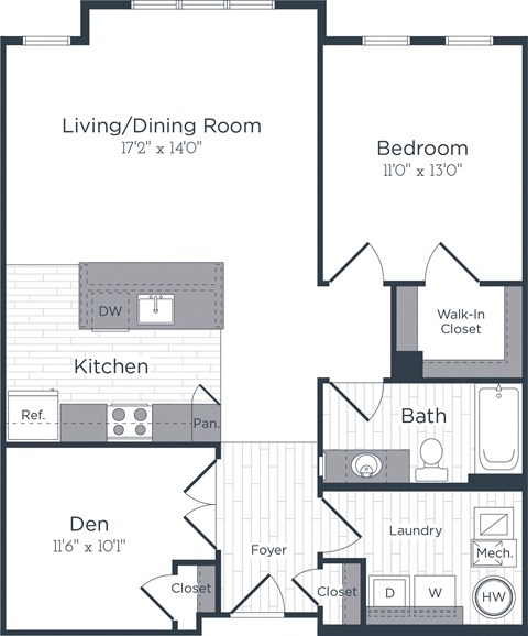 Floor plan for 1 bed, 1 bath, 934 sqft