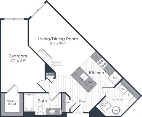Floor plan for 1 bed, 1 bath, 888 sqft