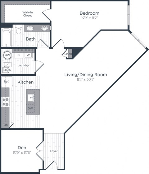 Floor plan for 1 bed, 1 bath, 1158 sqft