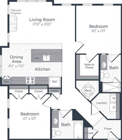 Floor plan for 2 beds, 2 baths, 1144 sqft