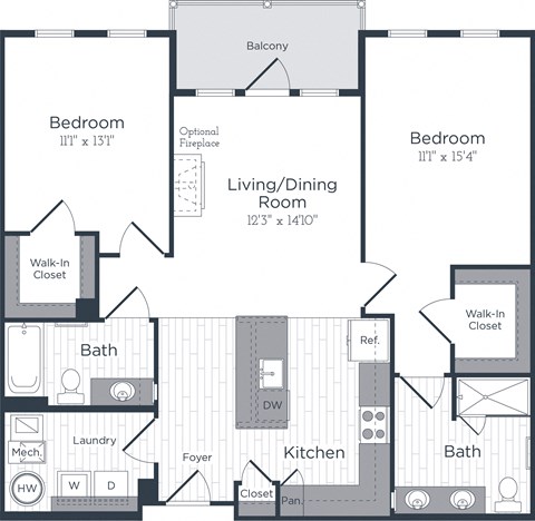 Floor plan for 2 beds, 2 baths, 1140 sqft