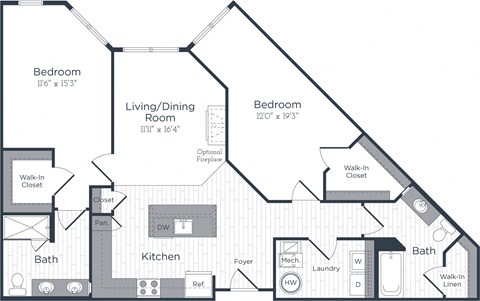 Floor plan for 2 beds, 2 baths, 1168 sqft