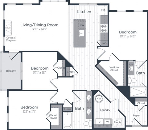 Floor plan for 3 beds, 2 baths, 1444 sqft