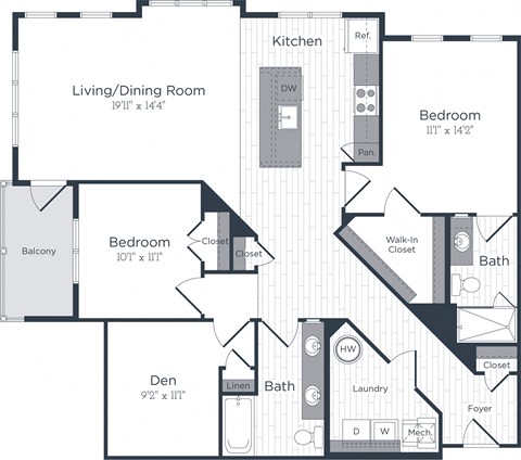 Floor plan for 2 beds, 2 baths, 1325 sqft
