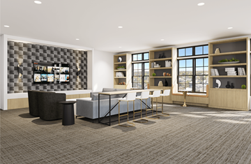 Frederick apartment for rent - A modern living room with a grey carpet and a black and white checkered wall.