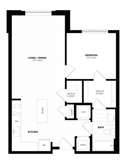 Floor plan for 1 bed, 1 bath, 727 sqft
