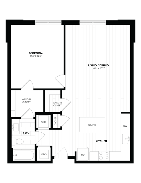 Floor plan for 1 bed, 1 bath, 880 sqft