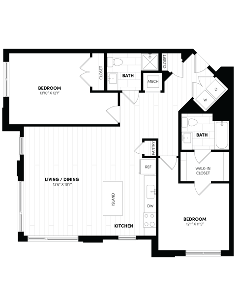 Floor plan for 2 beds, 2 baths, 1194 sqft
