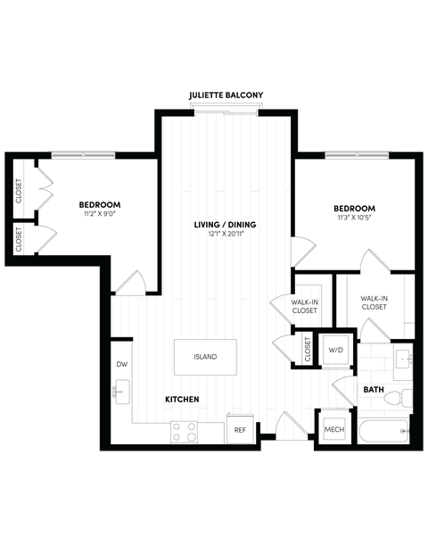 Floor plan for 1 bed, 1 bath, 951 sqft