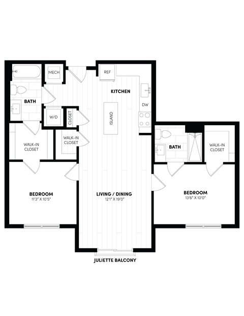 Floor plan for 2 beds, 2 baths, 972 sqft
