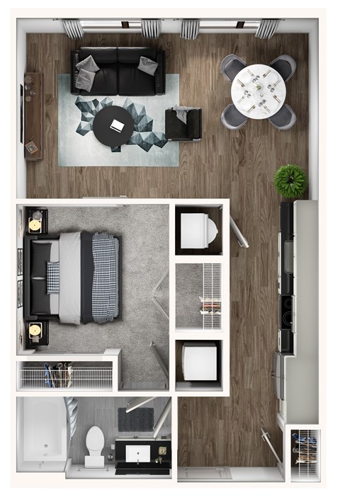 Floor plan for studio, 1 bath, 667 sqft