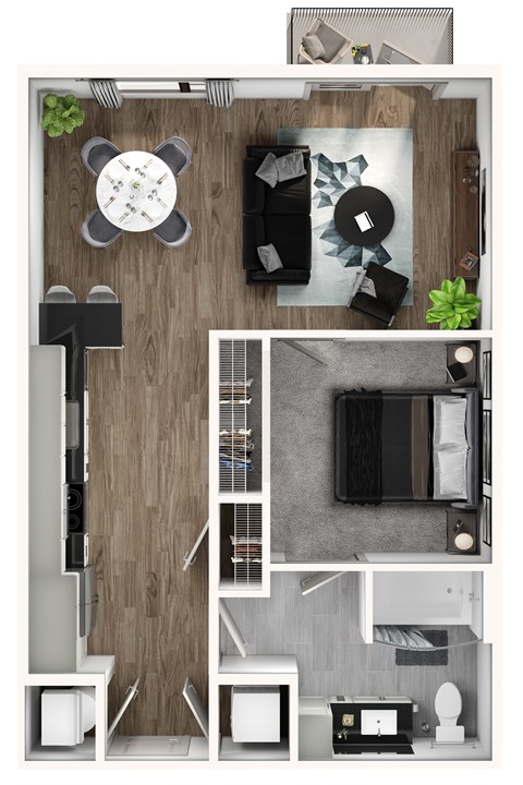 Floor plan for 1 bed, 1 bath, 726 sqft
