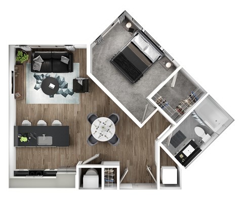 Floor plan for 1 bed, 1 bath, 703 sqft