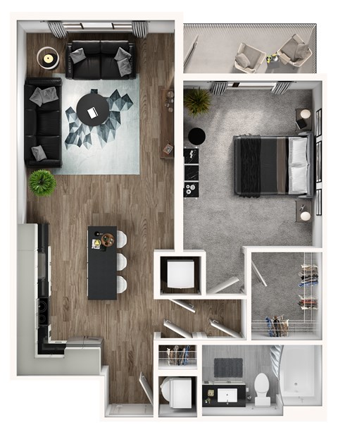 Floor plan for 1 bed, 1 bath, 777 sqft